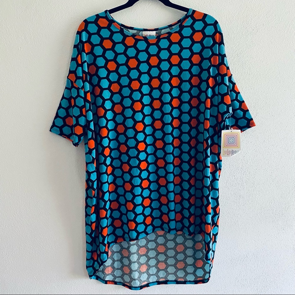 NWT LulaRoe geometric blue and orange printed tee